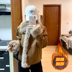 批发复古棕色美拉德毛毛仿牛仔外套女冬季新款2025高级感短款棉衣棉服