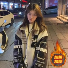 批发美式加棉复古棒球服外套女冬季新款翻领刺绣情侣立领夹克宽松外套