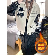 批发美式复古棒球服外套女冬季新款翻领刺绣情侣立领加棉加厚夹克外套