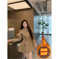 批发英伦风双排扣围脖领系带收腰中长款冬季加棉加厚风衣外套女小个子