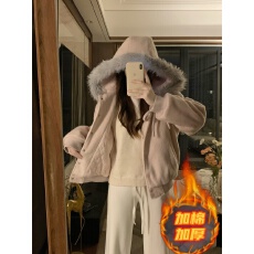批发夹棉加厚 韩系粉色蝴蝶结连帽毛毛棒球服长毛呢短外套女装<b class='q'>秋</b>冬