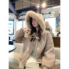 批发2025新款蝴蝶结绑带大毛领连帽外套冬女夹棉加厚毛呢上衣