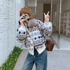 批发费尔岛碎花毛绒羊羔毛加厚服外套女冬今年新款设计流行保暖棉服