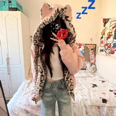 批发美式高街兔耳豹纹开衫连帽外套<b class='q'>女</b>秋冬潮牌保暖座山雕加厚拉链<b class='q'>卫衣</b>