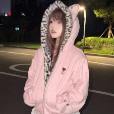 批发可爱兔耳朵豹纹内里保暖棉服女秋冬新款小众别致拉链加绒外套上衣