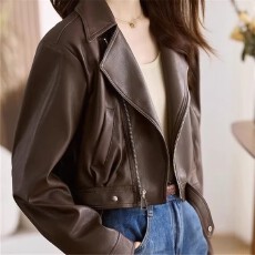 批发春秋<b class='q'>冬</b>时尚百搭短款小皮衣咖色翻领机车服外套设计感pu皮夹克衫潮