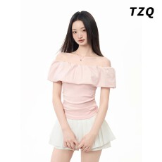 批发原版做法粉色荷叶边<b class='q'>露肩</b>短袖t恤女夏季2026新款修身法式<b class='q'>上衣</b>