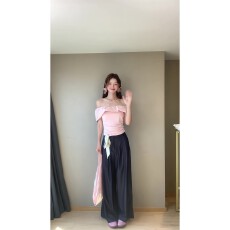 批发原版做法】2026夏季一字肩短袖T恤修身显瘦荷叶<b class='q'>露肩</b>短款辣妹<b class='q'>上衣</b>