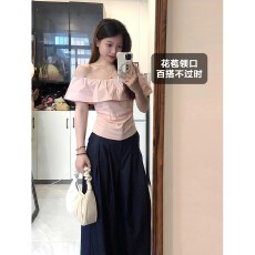 批发粉色绝美<b class='q'>露肩</b>一字肩小<b class='q'>上衣</b>巨好看韩系女高级穿搭漂亮设计感衣服夏