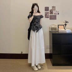 批发格纹一字肩<b class='q'>短袖</b>T恤<b class='q'>女</b>夏季甜美露肩木耳边上衣设计感露肩吊带上衣