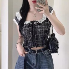 批发韩国chic夏季花边系带方领短袖<b class='q'>格子</b><b class='q'>衬衫女</b>设计感收腰短款上衣