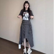 批发美式复古格子半身裙女春夏季新款不规则设计感中长裙