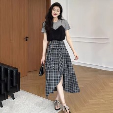 批发夏季不规则黑白格纹半身裙女设计感高腰a字遮肉中长裙