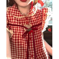 批发原版做法“溏心樱桃”**小飞袖蕾丝花边蝴蝶结<b class='q'>格子衬衫</b>夏