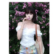 批发已出货miu系穿搭短袖<b class='q'>衬衫</b>女夏季镂空一字肩两穿泡泡袖小衫修身