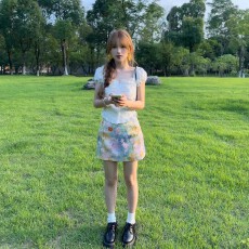 批发2026套装新品镂空一字肩两穿短款泡泡袖小衫短袖女上衣两件套