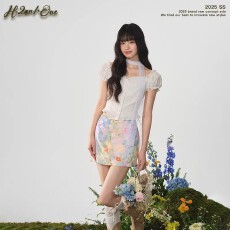 批发多巴胺夏季穿搭一整套初夏短裙套装泡泡袖<b class='q'>衬衫</b>油花半身裙子两件套