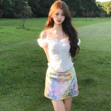 批发<b class='q'>白色</b>镂空一字肩短袖<b class='q'>衬衫</b>女夏季设计感两穿泡泡袖<b class='q'>衬衣</b>修身显瘦上衣