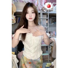 批发镂空一字肩两穿短款泡泡袖小衫显瘦短袖女上衣夏季两件套