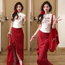 批发红色不规则碎花半身<b class='q'>连衣裙</b><b class='q'>夏</b>季2026新款网红洋气炸街女装中长裙