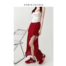 批发己出货 红色碎花半身裙不规则开叉高腰气质包臀中长款<b class='q'>裙子</b>