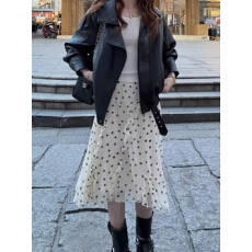 批发CUBIC复古不规则裙荷叶边杏色<b class='q'>长裙</b>2026春夏波点半身裙