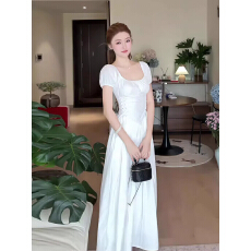 批发法式温柔风高级感交叉系带白色连衣裙子女夏装<b class='q'>显瘦</b>收腰短袖a字裙