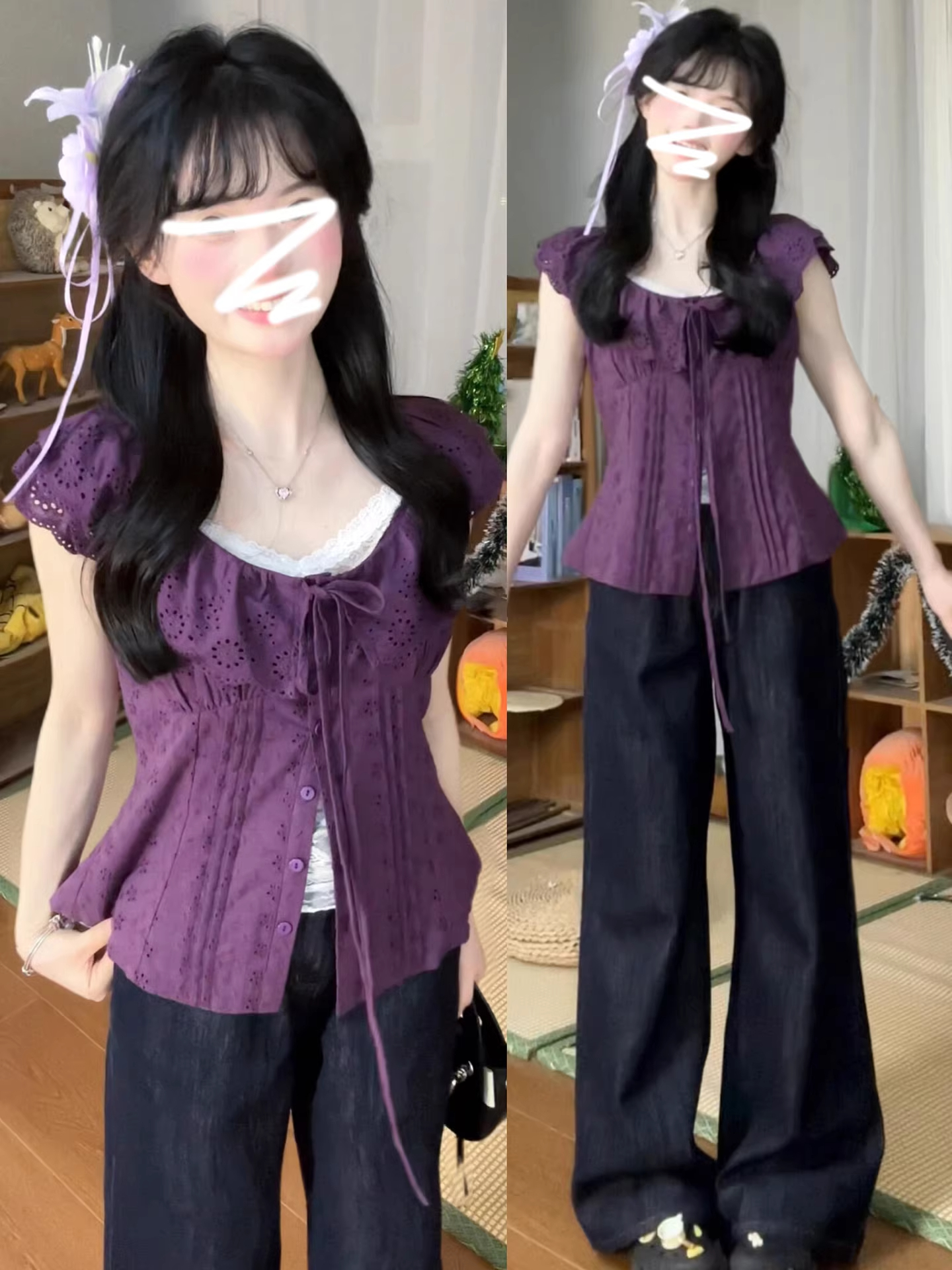 한 부서 달콤함 보라색 홀로우 아웃 반팔 셔츠 여자 2026 새로운 이른 봄 chic 맨위 빛 사람들 코치 착용 가져 가라.