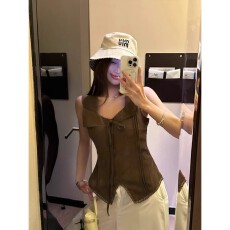 批发复古咖啡色设计感系带无袖背心女夏季<b class='q'>蕾丝</b>拼接气质收腰修身小上衣