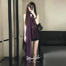 批发纯欲设计感紫色薄纱雪纺上衣2026新款气质<b class='q'>不规则</b>系带无袖挂脖短裙