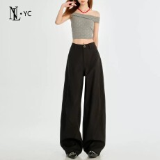批发高级百搭黑色阔腿<b class='q'>西装</b>裤女2026新款高腰显瘦宽松垂感休闲镰刀裤子