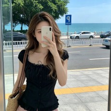 批发短袖甜辣妹风纯欲一字领露肩系带T恤拼接<b class='q'>蕾丝</b>花边收腰显瘦衬衫夏