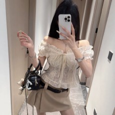 批发韩式纯欲风一字肩泡泡袖蕾丝衫女夏修身显瘦性感甜美绑带刺绣上衣