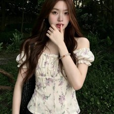 批发法式甜美碎花泡泡袖方领短袖衬衫女夏季修身显瘦<b class='q'>收腰</b>小衫系带上衣