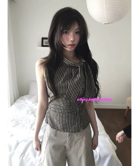 eihey 어 이봐 한 부서 레트로 체크무늬 나비 넥타이 허리 수축 주름 디자인 센스 슬림해 보이는 민소매 조끼 품격 맨위