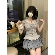 批发日系甜美古早感格子花边短袖上衣<b class='q'>女</b>夏季百搭小个子<b class='q'>修身</b>显瘦少<b class='q'>女</b>风