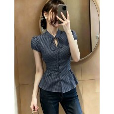 批发韩系镂空系带收腰短袖格子衬衫女夏季<b class='q'>胖妹妹</b>设计感蝴蝶结显瘦上衣