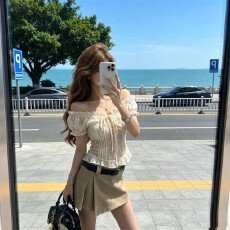 批发法式纯欲风上衣女夏抽绳<b class='q'>收腰</b>短款泡泡袖露肩显瘦褶皱修身辣妹小衫