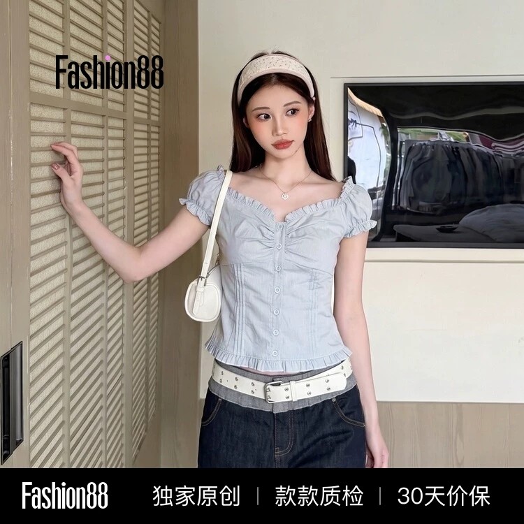 RY7913# iamannieww2026新款夏女衬衫设计感泡泡袖压褶修身一字肩百搭上衣