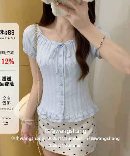 프랑스식 학원 스타일 파란색 반팔 여성 셔츠 여름 섹션 디자인 센스 허리 수축 몸매 가꾸기 슬림해 보이는 프릴 달콤함 맨위