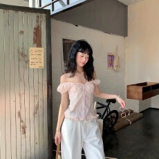 批发FAN 韩系百搭碎花一字肩两穿露肩衬衫<b class='q'>女</b>夏季新款小清新修身小上衣