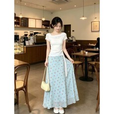 批发韩系设计感A字鱼尾连衣裙女夏季新款斜肩<b class='q'>不规则</b>T恤碎花<b class='q'>半身裙</b>套装