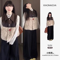 批发韩系复古羊羔毛拼接撞色马甲女秋<b class='q'>冬</b>新款时尚气质宽松百搭无袖外套