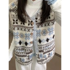 批发费尔岛羊羔毛马甲女秋<b class='q'>冬</b>韩系复古提花皮毛一体保暖巨好看背心外套
