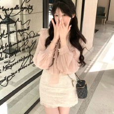 批发miu系千金感气质粉色长袖衬衫法式温柔风荷叶边蝴蝶结上衣