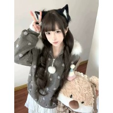 批发韩系学院风波点毛领连帽外套女冬季2026慵懒宽松加厚保暖卫衣<b class='q'>开衫</b>