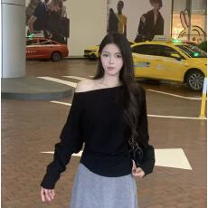批发大码微胖法式斜肩长袖收腰显瘦针织上衣女