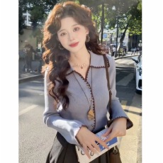 批发实价大码新款翻领蓝色毛衣宽松内搭打底针织衫上衣