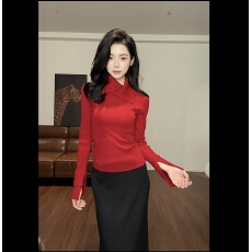 批发实价<b class='q'>大码</b>翻领修身针织长袖袖口拼色<b class='q'>打底衫</b>百搭显瘦上衣