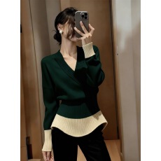 批发实价大码复古风撞色V领长袖针织衫女高级感收腰显瘦套头上衣